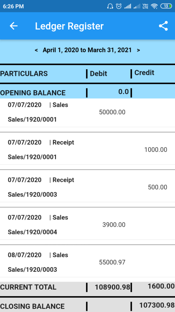 Tally on mobile — ledger and invoice screen