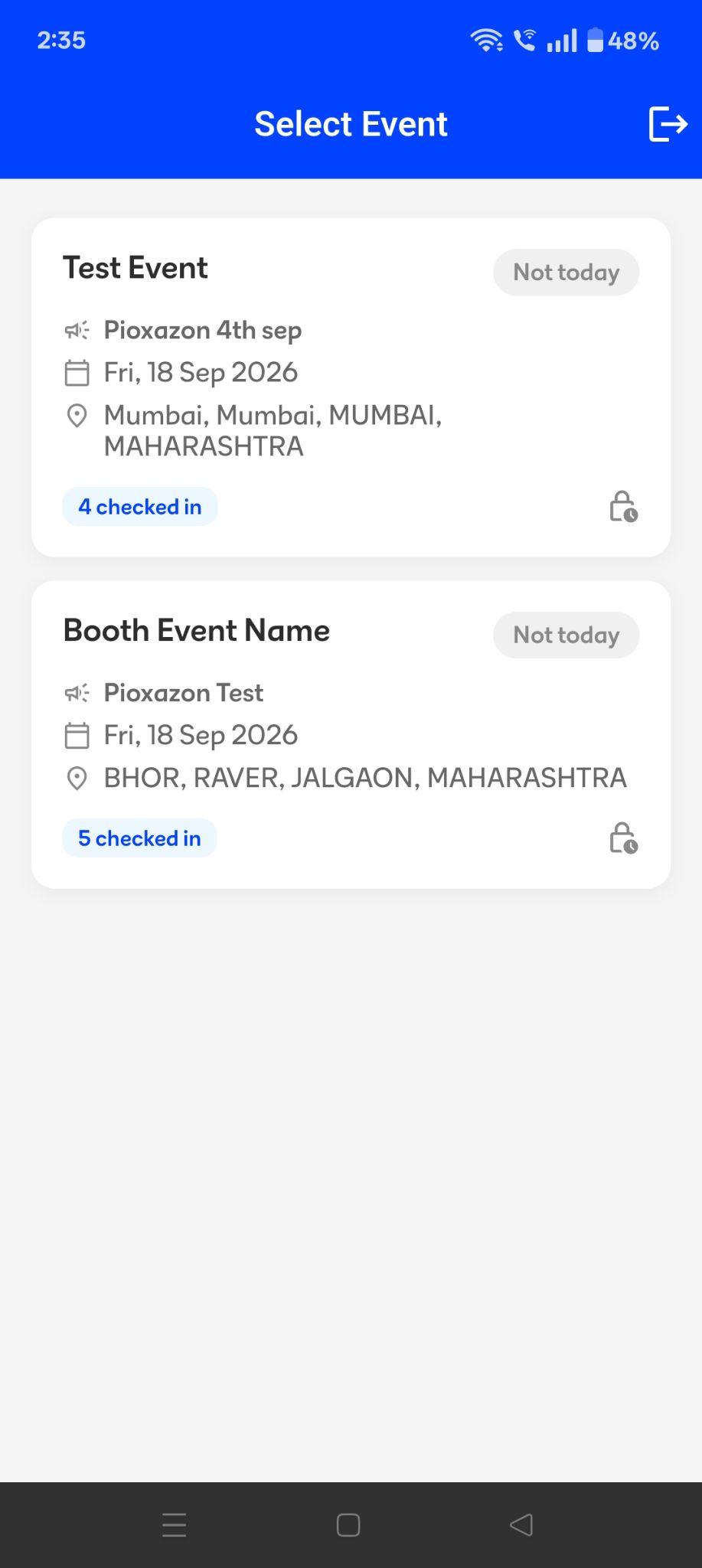 Booth Executive App — event selection screen with live check-in counts per event